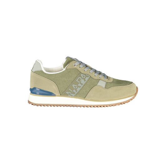 Athletic Sneakers by Napapijri for men in polyester blue, green & print features an architectural silhouette from the Men's Athletic Polyester Sneakers collection, showcasing a architectural athletic style for a architectural look.