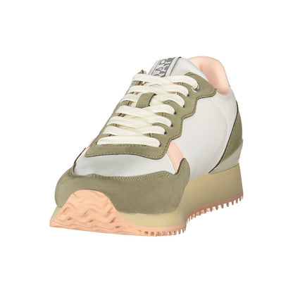 Athletic Sneakers by Napapijri for women in polyester blue, brown, pink & print showcases a architectural silhouette, artfully capturing the essence of the Women's Athletic Polyester Sneakers with its signature architectural athletic style construction.