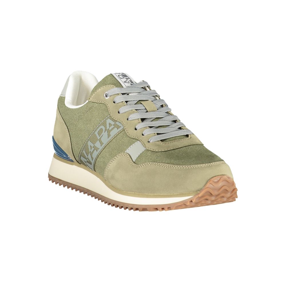 Athletic Sneakers by Napapijri for men in polyester blue, green & print features an architectural silhouette, showcasing the premium athletic style of the Men's Athletic Polyester Sneakers with an architectural finish.