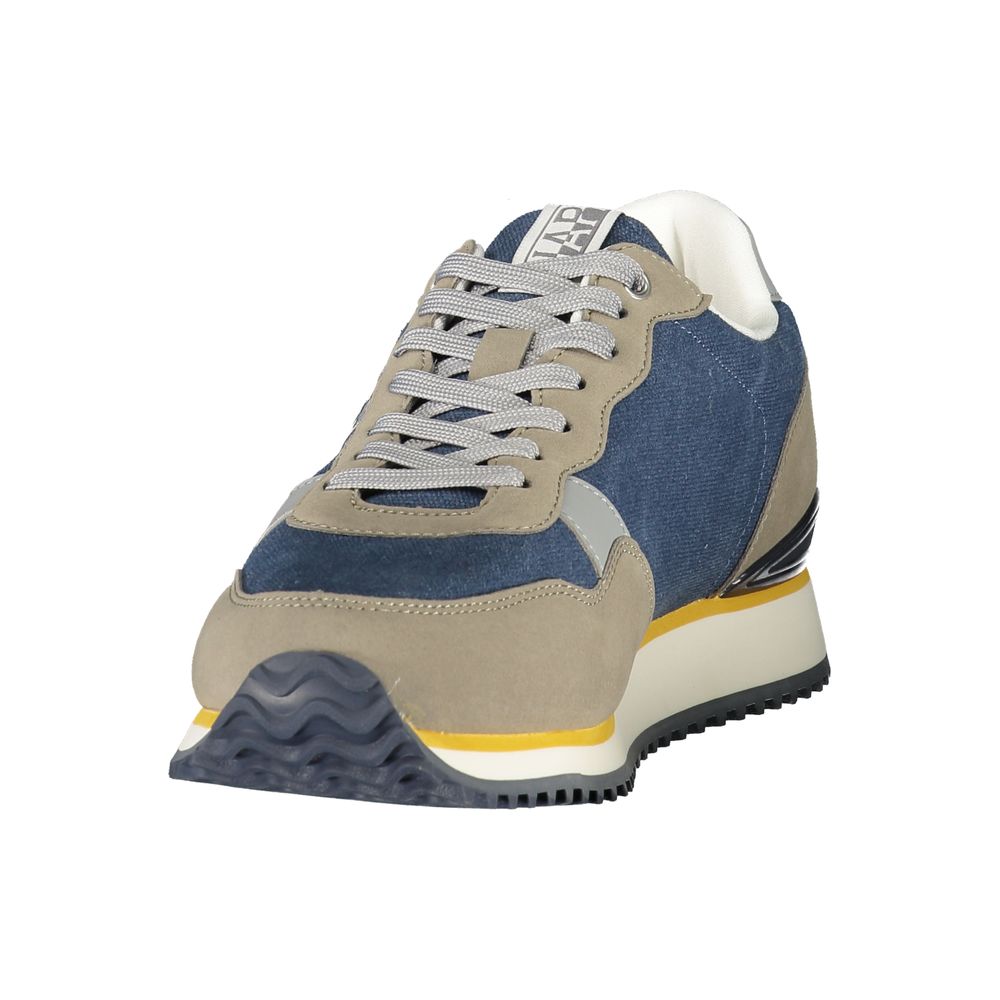 Athletic Sneakers by Napapijri for men in polyester blue, gray, ocher & print showcases a architectural silhouette, artfully capturing the essence of the Men's Athletic Polyester Sneakers with its signature architectural athletic style construction.