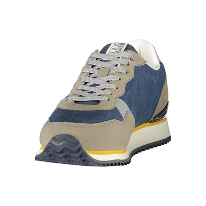 Athletic Sneakers by Napapijri for men in polyester blue, gray, ocher & print showcases a architectural silhouette, artfully capturing the essence of the Men's Athletic Polyester Sneakers with its signature architectural athletic style construction.