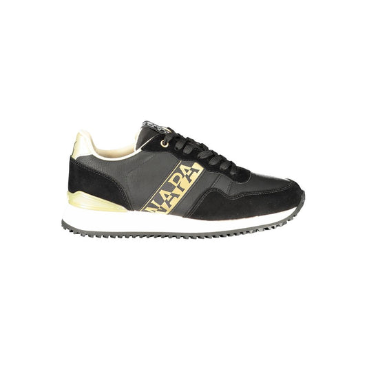 Athletic Sneakers by Napapijri for women in polyester black, gold & print showcases an impeccable silhouette, defined by an impeccable athletic style design that perfectly captures the essence of the Women's Athletic Polyester Sneakers.