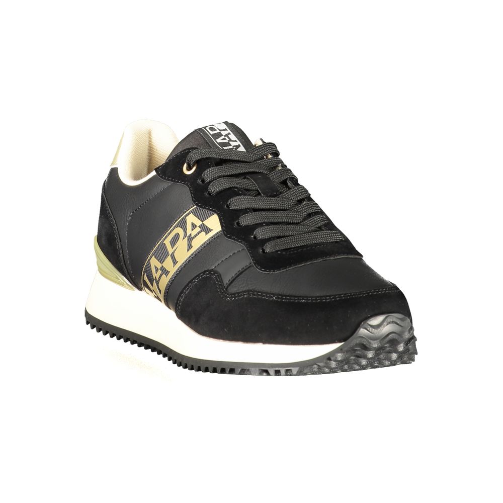 Athletic Sneakers by Napapijri for women in polyester black, gold & print features an architectural silhouette, showcasing the premium athletic style of the Women's Athletic Polyester Sneakers with an architectural finish.