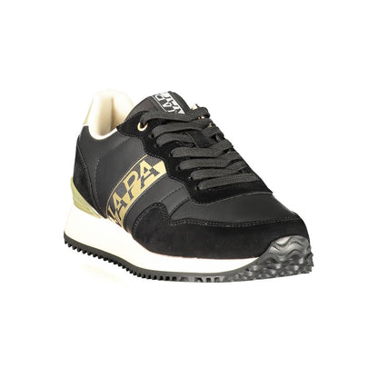 Athletic Sneakers by Napapijri for women in polyester black, gold & print features an architectural silhouette, showcasing the premium athletic style of the Women's Athletic Polyester Sneakers with an architectural finish.