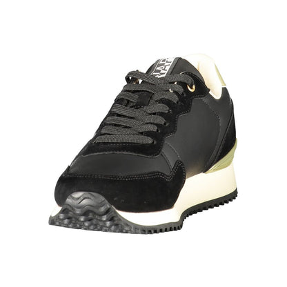 Athletic Sneakers by Napapijri for women in polyester black, gold & print features an architectural silhouette from the Women's Athletic Polyester Sneakers collection, showcasing a architectural athletic style for a architectural look.