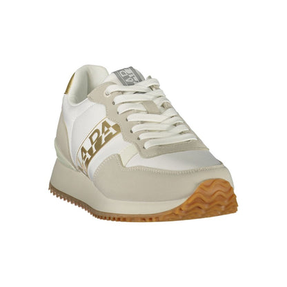 Athletic Sneakers by Napapijri for women in polyester blue, gray, gold & print presents a sleek silhouette, perfectly capturing the athletic style essence of Women's Athletic Polyester Sneakers with its sleek design and premium finish.