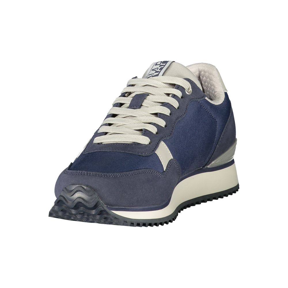 Athletic Sneakers by Napapijri for men in polyester blue, gray & print features an architectural silhouette, showcasing the premium athletic style of the Men's Athletic Polyester Sneakers with an architectural finish.