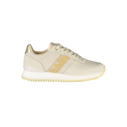Athletic Sneakers by Napapijri for women in polyester gold, pink & print features an architectural silhouette from the Women's Athletic Polyester Sneakers collection, showcasing a architectural athletic style for a architectural look.