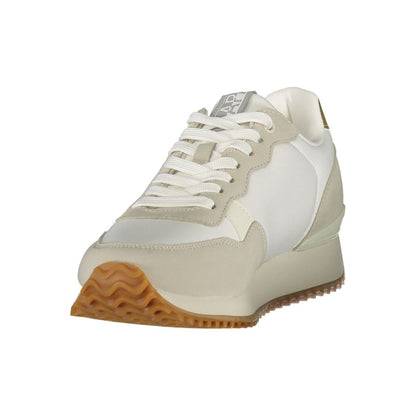 Athletic Sneakers by Napapijri for women in polyester blue, gray, gold & print showcases a architectural silhouette, artfully capturing the essence of the Women's Athletic Polyester Sneakers with its signature architectural athletic style construction.