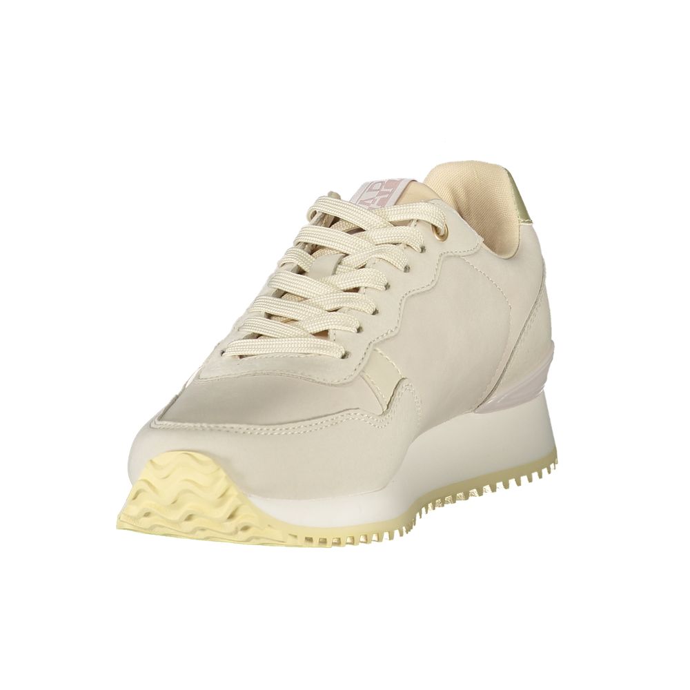 Athletic Sneakers by Napapijri for women in polyester gold, pink & print showcases a architectural silhouette, artfully capturing the essence of the Women's Athletic Polyester Sneakers with its signature architectural athletic style construction.