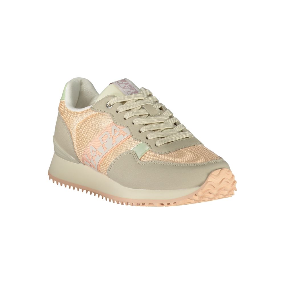 Athletic Sneakers by Napapijri for women in polyester gray, green, pink & print features an architectural silhouette, showcasing the premium athletic style of the Women's Athletic Polyester Sneakers with an architectural finish.