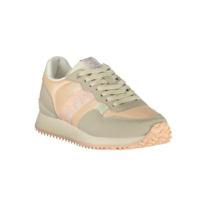 Athletic Sneakers by Napapijri for women in polyester gray, green, pink & print features an architectural silhouette, showcasing the premium athletic style of the Women's Athletic Polyester Sneakers with an architectural finish.