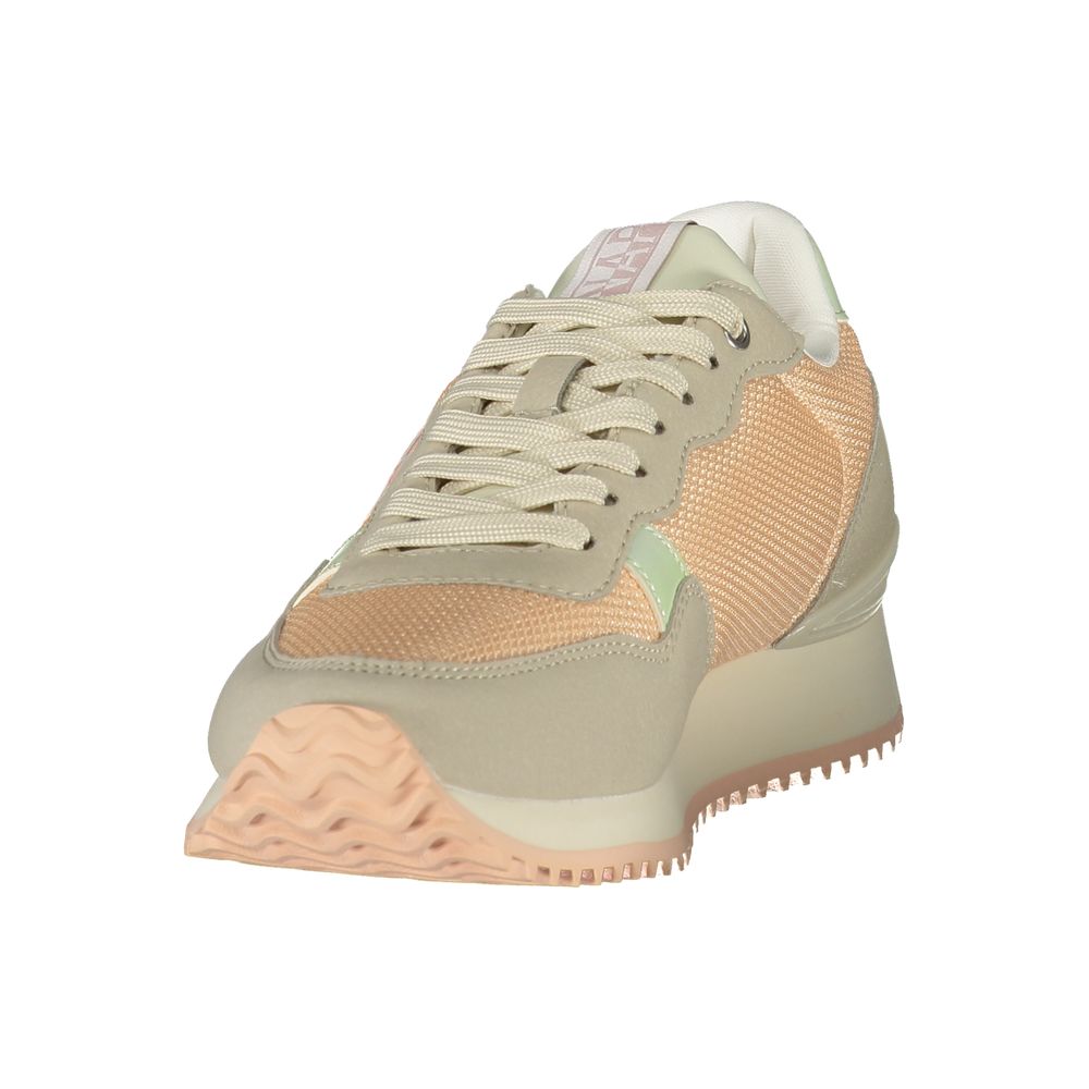 Athletic Sneakers by Napapijri for women in polyester gray, green, pink & print presents a sleek silhouette, perfectly capturing the athletic style essence of Women's Athletic Polyester Sneakers with its sleek design and premium finish.
