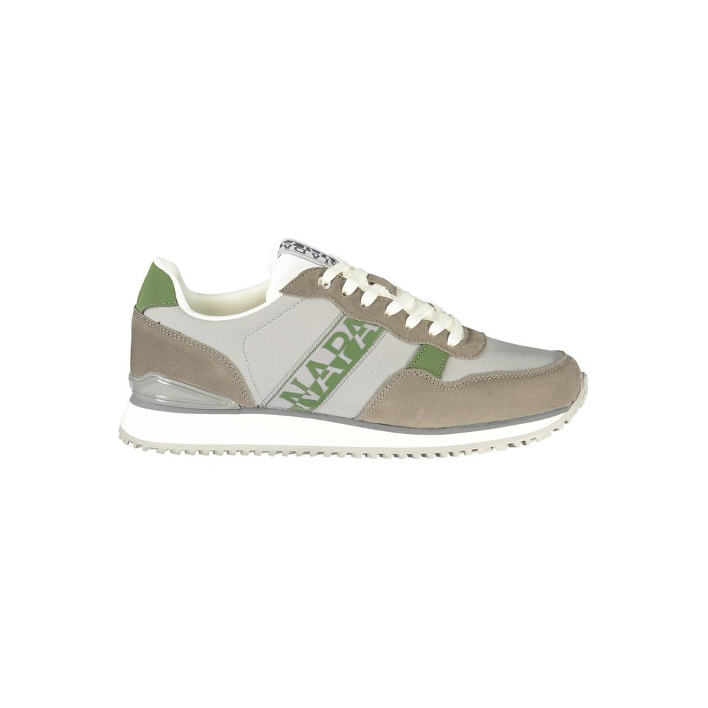 Athletic Sneakers by Napapijri for men in polyester gray, green & print features an stately silhouette, showcasing the signature athletic style of the Men's Athletic Polyester Sneakers collection with a truly stately finish.