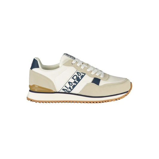Athletic Sneakers by Napapijri for men in polyester blue, gray & print showcases a architectural silhouette, artfully capturing the essence of the Men's Athletic Polyester Sneakers with its signature architectural athletic style construction.