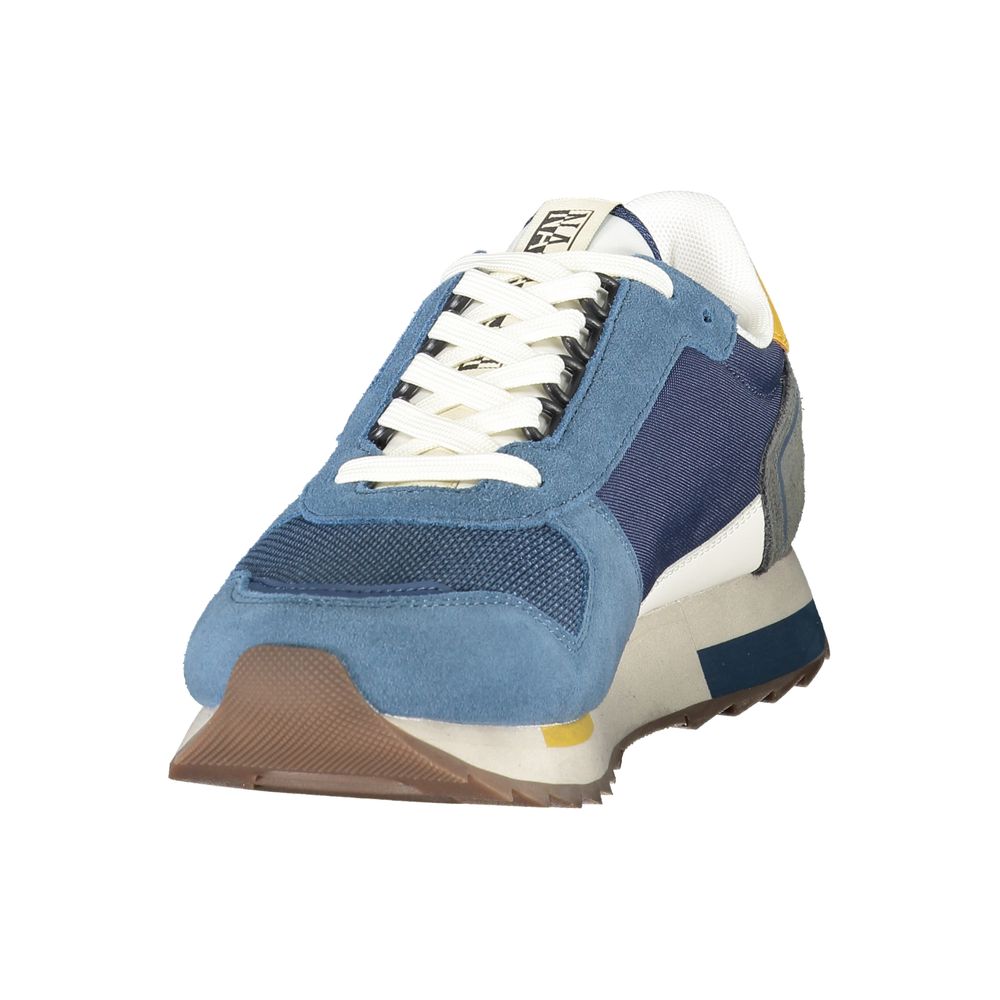 Athletic Sneakers by Napapijri for men in polyester blue, gray, yellow & print features an architectural silhouette from the Men's Athletic Polyester Sneakers collection, showcasing a architectural athletic style for a architectural look.