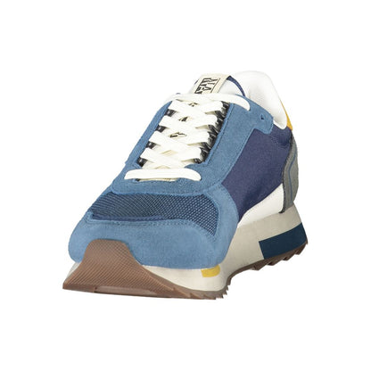 Athletic Sneakers by Napapijri for men in polyester blue, gray, yellow & print features an architectural silhouette from the Men's Athletic Polyester Sneakers collection, showcasing a architectural athletic style for a architectural look.