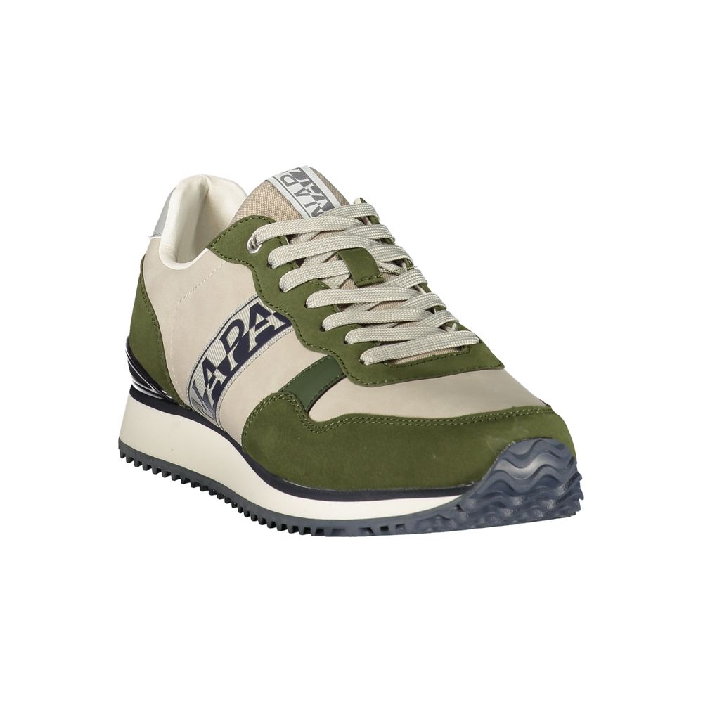 Athletic Sneakers by Napapijri for men in polyester beige, green & print features an architectural silhouette from the Men's Athletic Polyester Sneakers collection, showcasing a architectural athletic style for a architectural look.