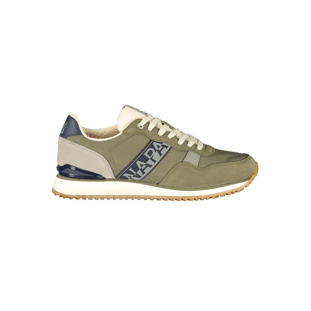 Athletic Sneakers by Napapijri for men in polyester blue, gray, green & print showcases a architectural silhouette, artfully capturing the essence of the Men's Athletic Polyester Sneakers with its signature architectural athletic style construction.