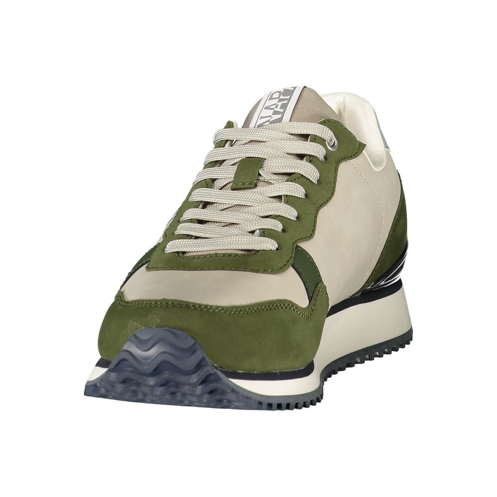 Athletic Sneakers by Napapijri for men in polyester beige, green & print features an architectural silhouette, showcasing the premium athletic style of the Men's Athletic Polyester Sneakers with an architectural finish.