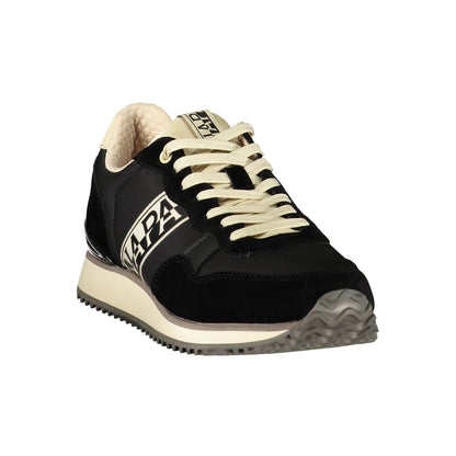 Athletic Sneakers by Napapijri for men in polyester beige, black & print features an architectural silhouette, showcasing the premium athletic style of the Men's Athletic Polyester Sneakers with an architectural finish.