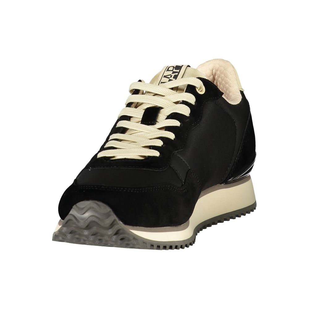 Athletic Sneakers by Napapijri for men in polyester beige, black & print features an stately silhouette, showcasing the signature athletic style of the Men's Athletic Polyester Sneakers collection with a truly stately finish.