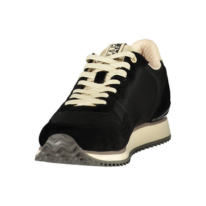 Athletic Sneakers by Napapijri for men in polyester beige, black & print features an stately silhouette, showcasing the signature athletic style of the Men's Athletic Polyester Sneakers collection with a truly stately finish.