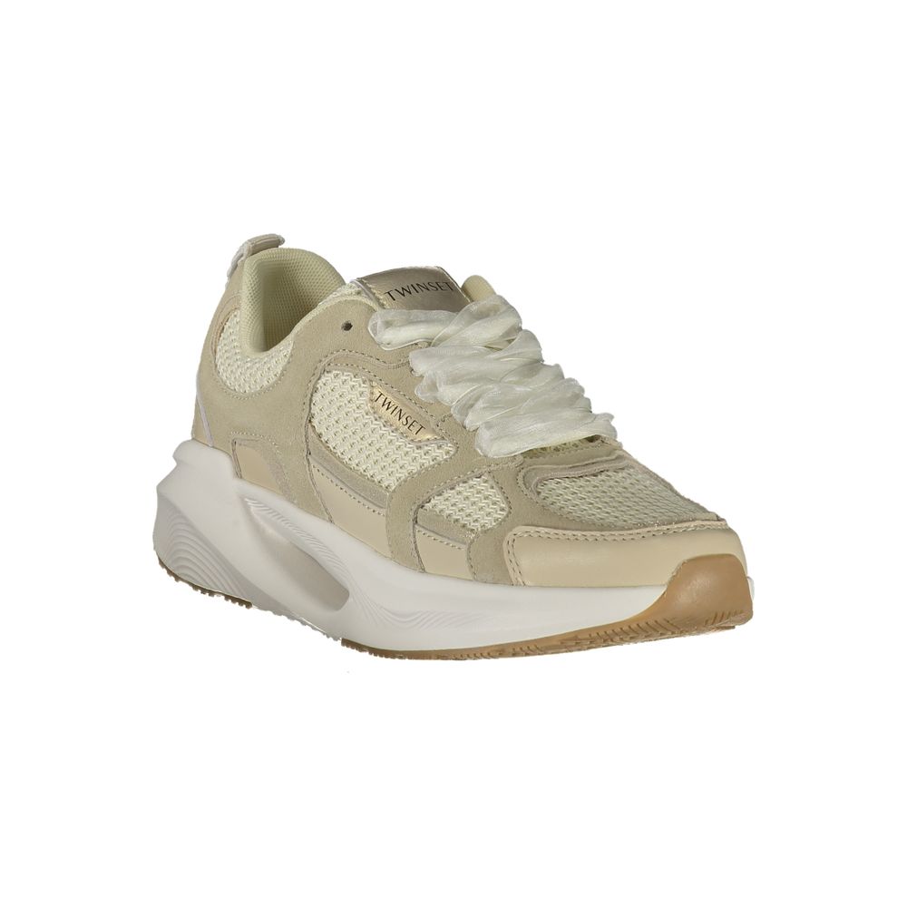 Athletic Sneakers by Twinset for women in polyester beige & print features an architectural silhouette, showcasing the premium athletic style of the Women's Athletic Polyester Sneakers with an architectural finish.