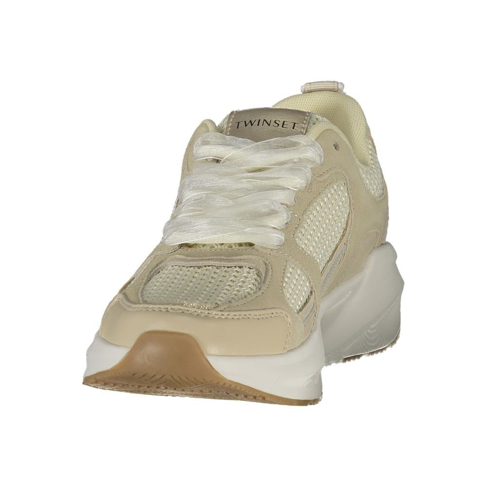 Athletic Sneakers by Twinset for women in polyester beige & print features an architectural silhouette, showcasing the premium athletic style of the Women's Athletic Polyester Sneakers with an architectural finish.