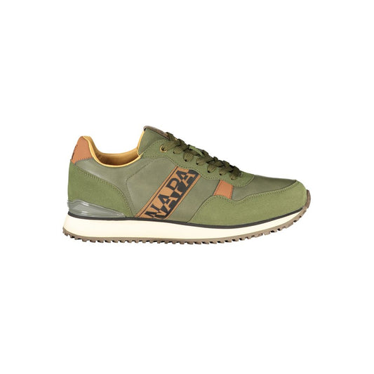 Athletic Sneakers by Napapijri for men in polyester brown, green & print showcases a architectural silhouette, artfully capturing the essence of the Men's Athletic Polyester Sneakers with its signature architectural athletic style construction.