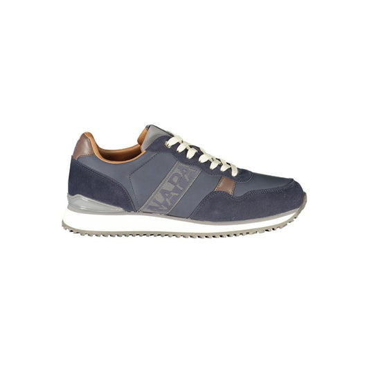 Athletic Sneakers by Napapijri for men in polyester & polyurethane blue, brown, gray, signature & print features an architectural silhouette, showcasing the premium athletic style of the Men's Athletic Polyester & Polyurethane Sneakers with an architectural finish.