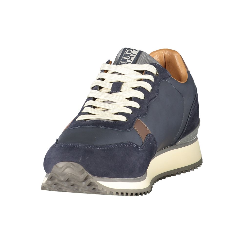 Athletic Sneakers by Napapijri for men in polyester & polyurethane blue, brown, gray, signature & print showcases a architectural silhouette, artfully capturing the essence of the Men's Athletic Polyester & Polyurethane Sneakers with its signature architectural athletic style construction.