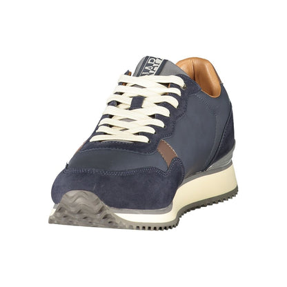 Athletic Sneakers by Napapijri for men in polyester & polyurethane blue, brown, gray, signature & print showcases a architectural silhouette, artfully capturing the essence of the Men's Athletic Polyester & Polyurethane Sneakers with its signature architectural athletic style construction.