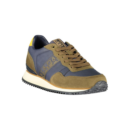 Athletic Sneakers by Napapijri for men in polyester & polyurethane blue, brown & ocher showcases a architectural silhouette, artfully capturing the essence of the Men's Athletic Polyester & Polyurethane Sneakers with its signature architectural athletic style construction.