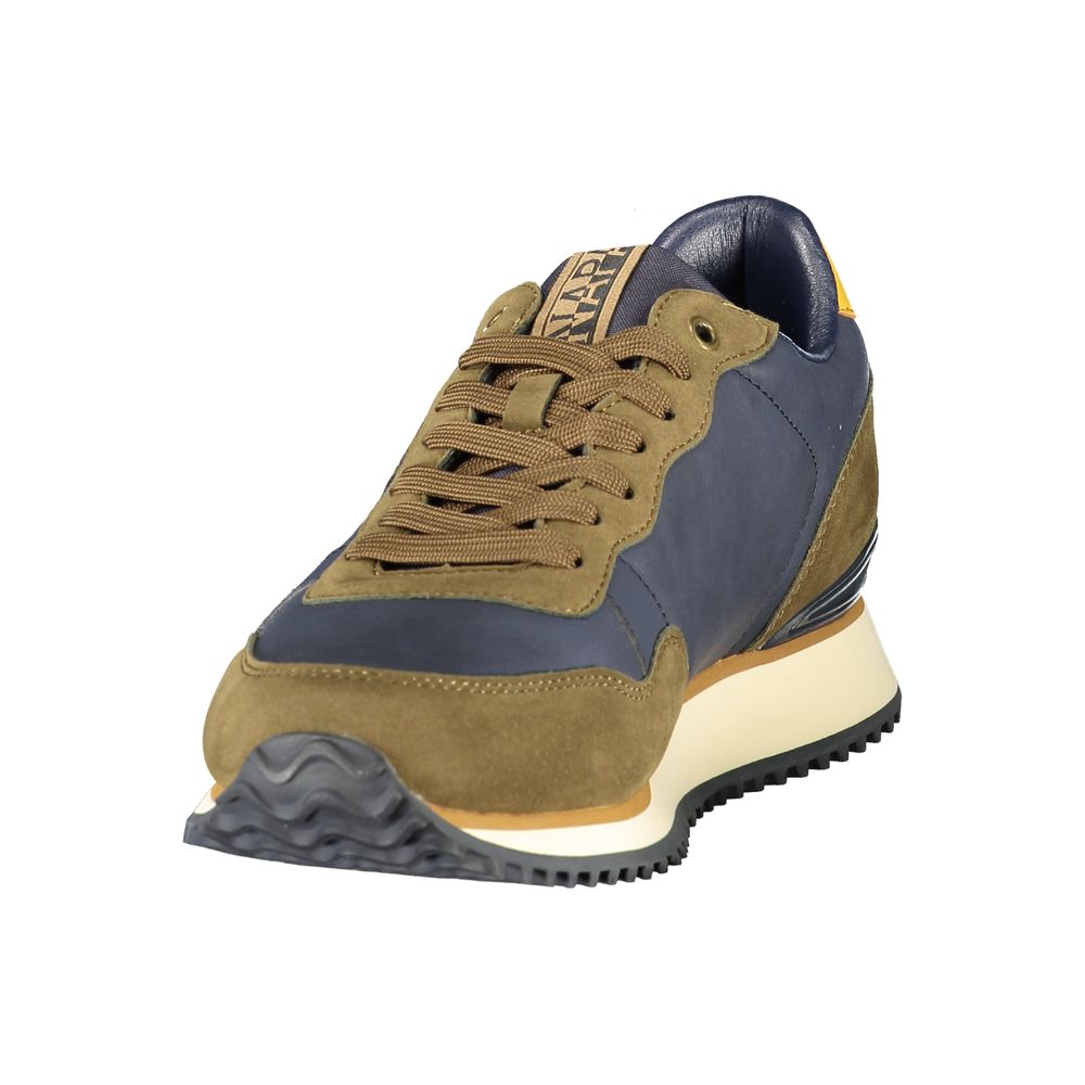 Athletic Sneakers by Napapijri for men in polyester & polyurethane blue, brown & ocher features an architectural silhouette, showcasing the premium athletic style of the Men's Athletic Polyester & Polyurethane Sneakers with an architectural finish.
