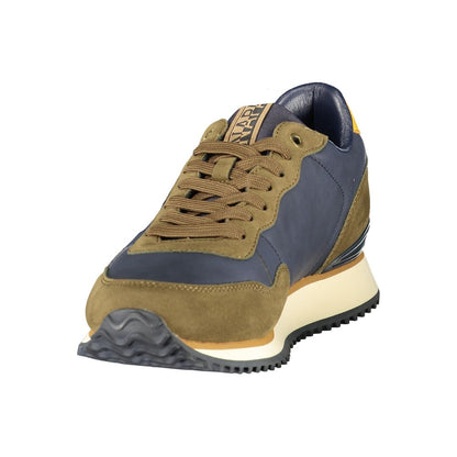 Athletic Sneakers by Napapijri for men in polyester & polyurethane blue, brown & ocher features an architectural silhouette, showcasing the premium athletic style of the Men's Athletic Polyester & Polyurethane Sneakers with an architectural finish.