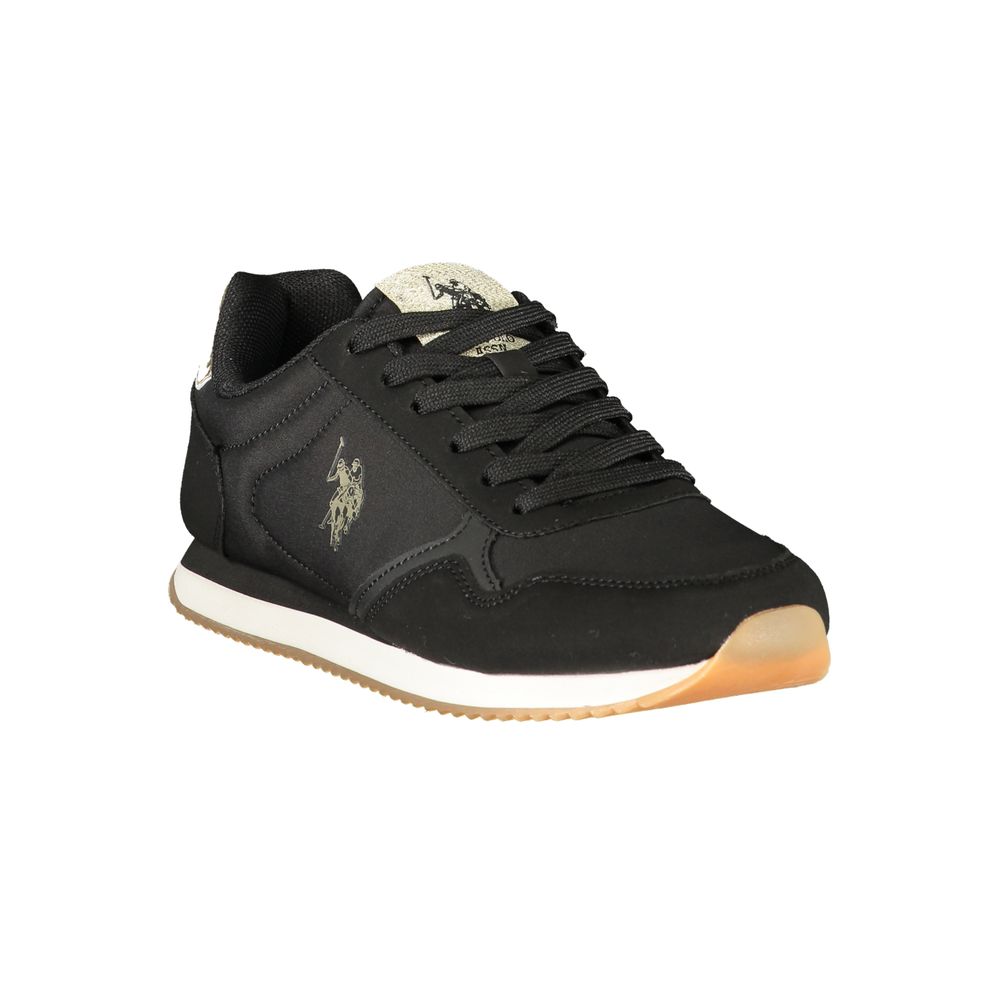 Athletic Sneakers by U.S. POLO ASSN. for women in polyester & polyurethane black, gold & print features an architectural silhouette from the Women's Athletic Polyester & Polyurethane Sneakers collection, showcasing a architectural athletic style for a architectural look.