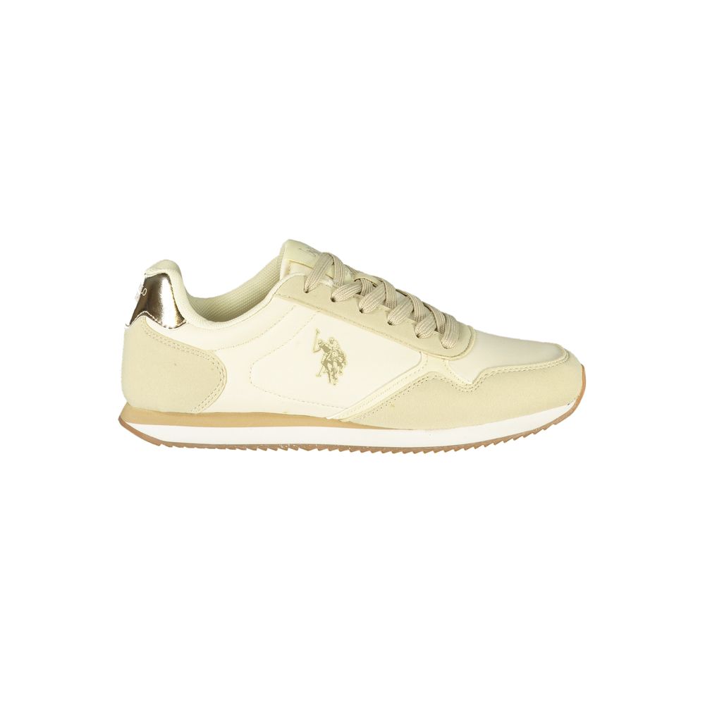 Athletic Sneakers by U.S. POLO ASSN. for women in polyester & polyurethane beige, gold, white, signature & print features an architectural silhouette, showcasing the premium athletic style of the Women's Athletic Polyester & Polyurethane Sneakers with an architectural finish.