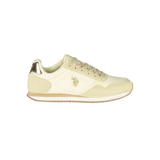 Athletic Sneakers by U.S. POLO ASSN. for women in polyester & polyurethane beige, gold, white, signature & print features an architectural silhouette, showcasing the premium athletic style of the Women's Athletic Polyester & Polyurethane Sneakers with an architectural finish.