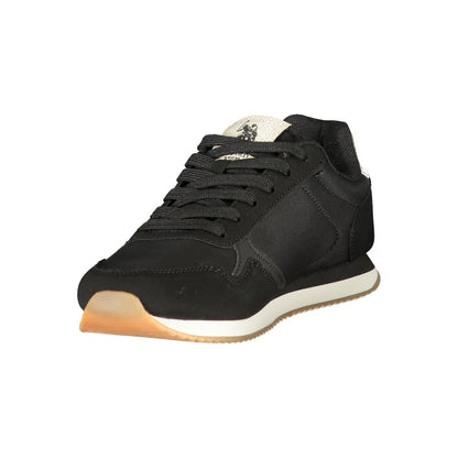 Athletic Sneakers by U.S. POLO ASSN. for women in polyester & polyurethane black, gold & print showcases a architectural silhouette, artfully capturing the essence of the Women's Athletic Polyester & Polyurethane Sneakers with its signature architectural athletic style construction.