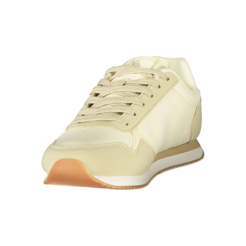 Athletic Sneakers by U.S. POLO ASSN. for women in polyester & polyurethane beige, gold, white, signature & print showcases a architectural silhouette, artfully capturing the essence of the Women's Athletic Polyester & Polyurethane Sneakers with its signature architectural athletic style construction.