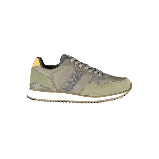 Athletic Sneakers by Napapijri for men in polyester & polyurethane gray, green, ocher, signature & print showcases a architectural silhouette, artfully capturing the essence of the Men's Athletic Polyester & Polyurethane Sneakers with its signature architectural athletic style construction.