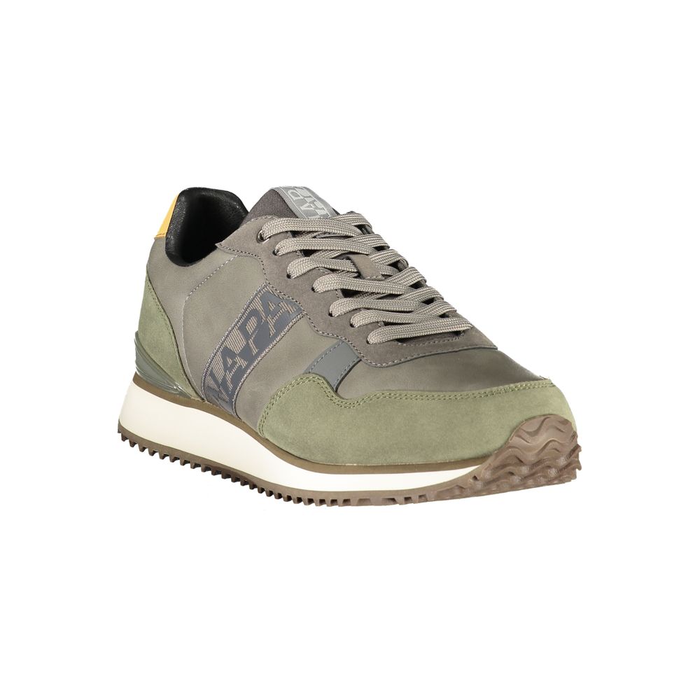 Athletic Sneakers by Napapijri for men in polyester & polyurethane gray, green, ocher, signature & print features an stately silhouette, showcasing the signature athletic style of the Men's Athletic Polyester & Polyurethane Sneakers collection with a truly stately finish.