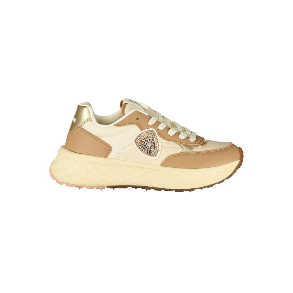 Sneakers by Blauer for women in polyester & polyurethane beige, brown & gold presents a sumptuous silhouette, artfully capturing the essence of the Women's Athletic Polyester & Polyurethane Sneakers with its sumptuous athletic style design.