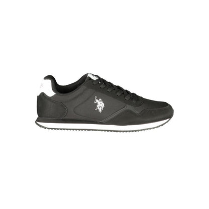 Athletic Sneakers by U.S. POLO ASSN. for men in polyester & polyurethane black, white & print presents a sleek silhouette, perfectly capturing the athletic style essence of Men's Athletic Polyester & Polyurethane Sneakers with its sleek design and premium finish.