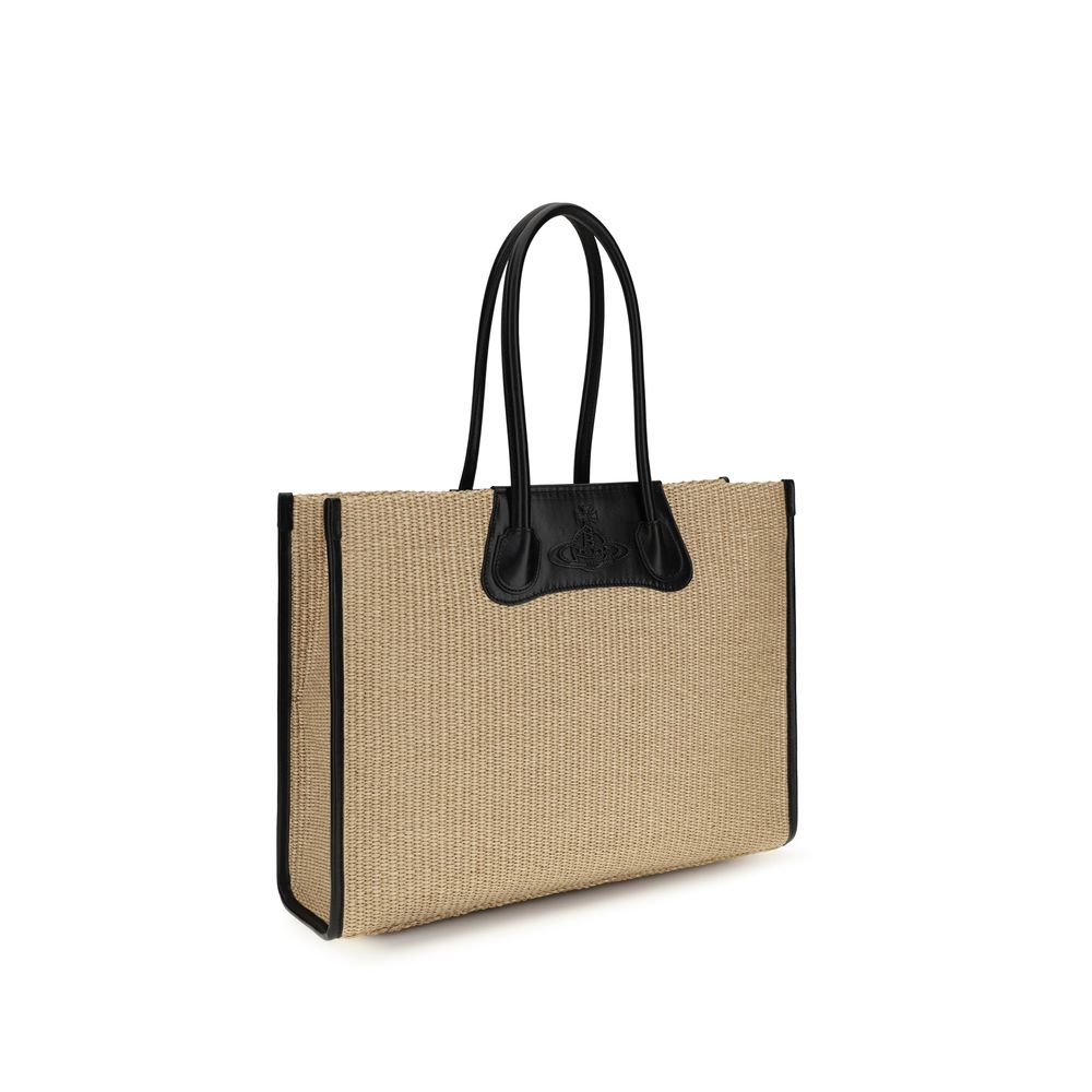 Tote Shoulder Bag by Vivienne Westwood for women in raffia polyurethane leather beige showcases a enviable silhouette, artfully detailed with a secure zipper & magnetic, organized , and versatile handle for a enviable look.