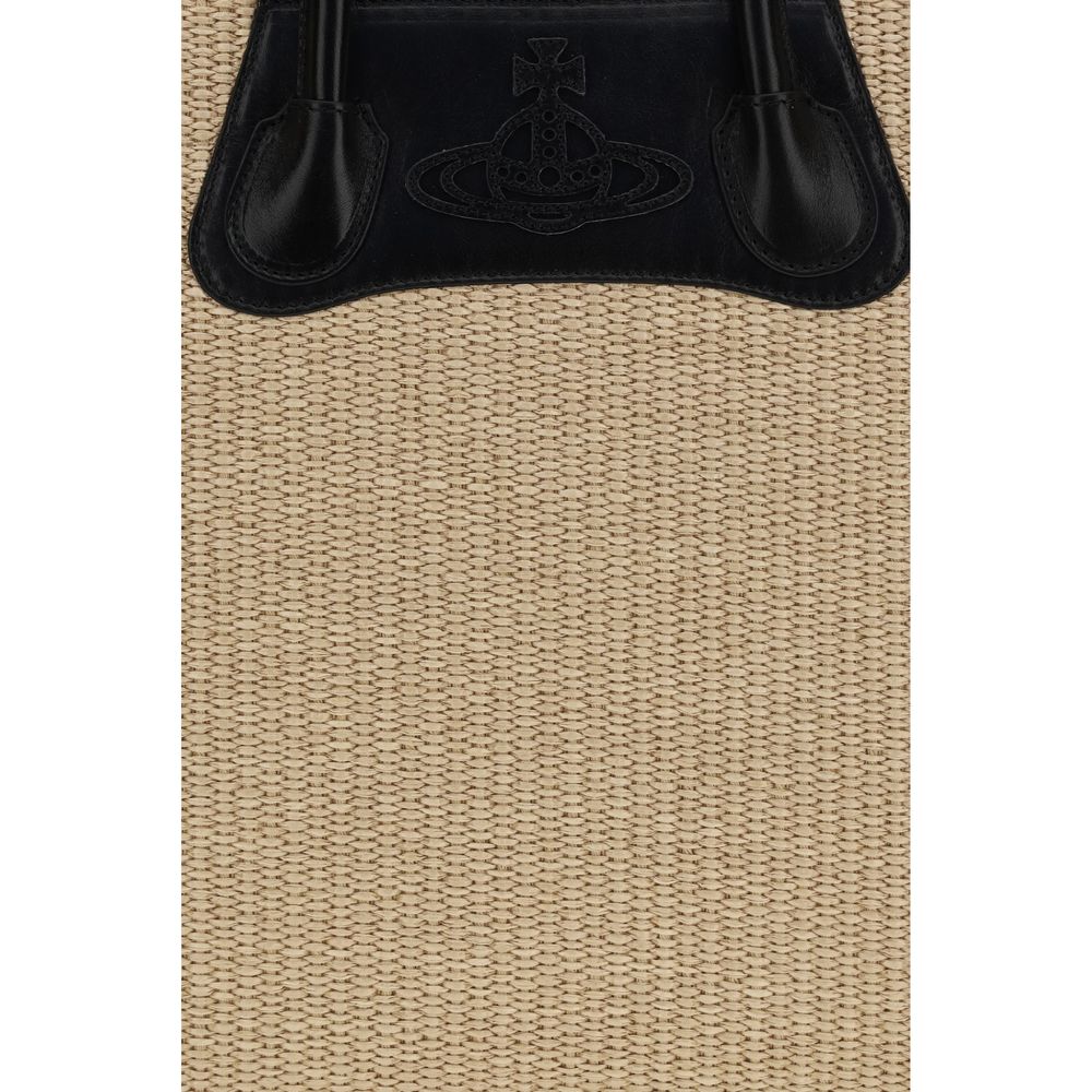 Tote Shoulder Bag by Vivienne Westwood for women in raffia polyurethane leather beige features an effortlessly chic silhouette with a secure zipper & magnetic, ample , and versatile handle for effortlessly chic everyday luxury.