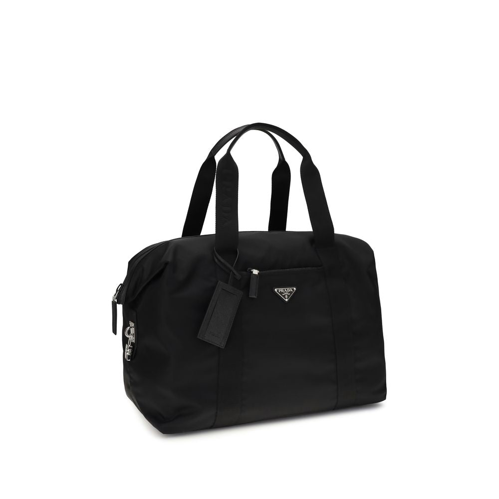 Travel Duffel Bag by Prada for men in polyamide & bos taurus calf leather black & signature features a on trend Polyamide & Bos Taurus Calf Leather Travel Duffel Bag design with a secure , ample , and versatile for a on trend aesthetic.