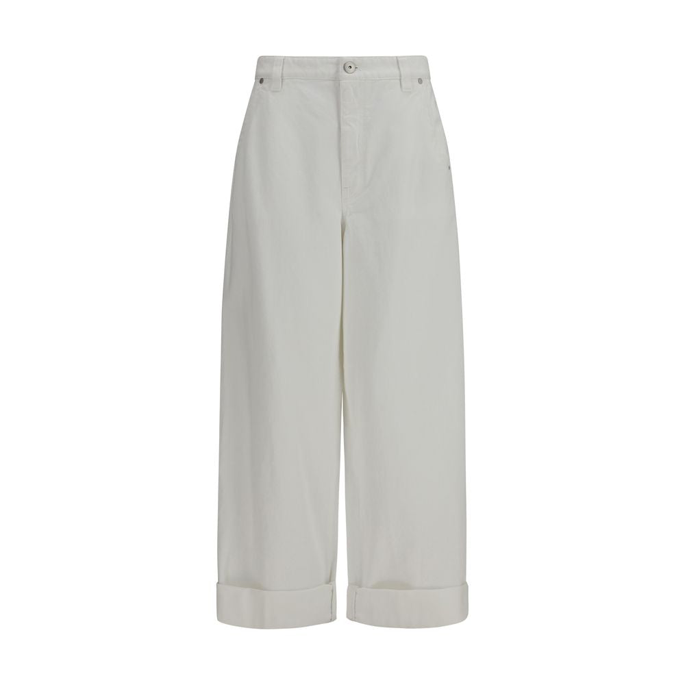 Casual Pants by Brunello Cucinelli for women in cotton white features an sartorial wide & oversized and long with a cut for a sartorial finish.