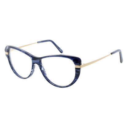 Eyeglasses Frames by Andy Wolf for women in metal and blue showcases a refined silhouette, detailed with a blue coloured frame finish and a sophisticated full-frame frame design.
